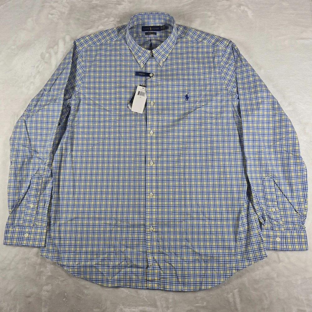 Ralph Lauren‎ Button Down Shirt Men's 2XL XXL Blue Yellow Plaid Classic Fit NWT